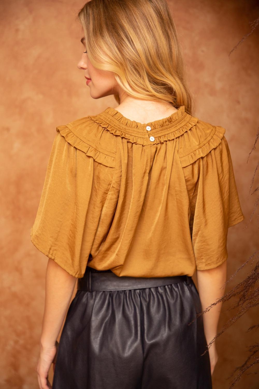 Ruffle Round Neck Dull Satin Top