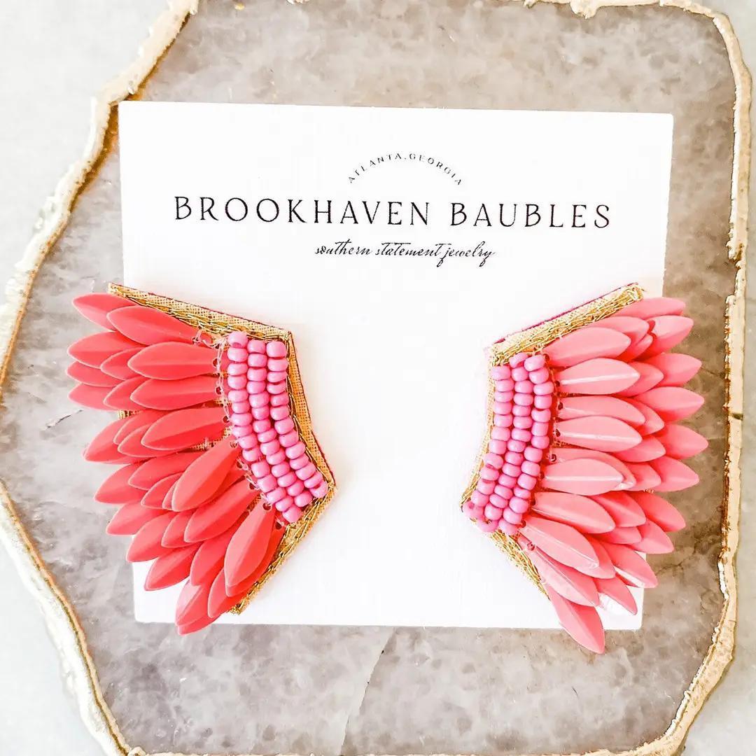 Bright Pink Sequin Wing Beaded Statement Earrings