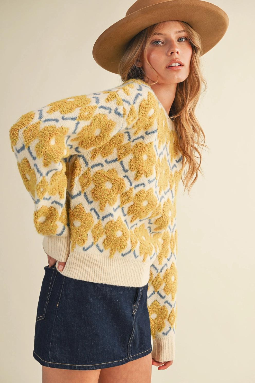 Fuzzy Texture Floral Sweater