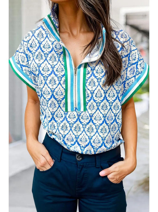 Geomatric Floral Striped Tape Zip Collar Blouse