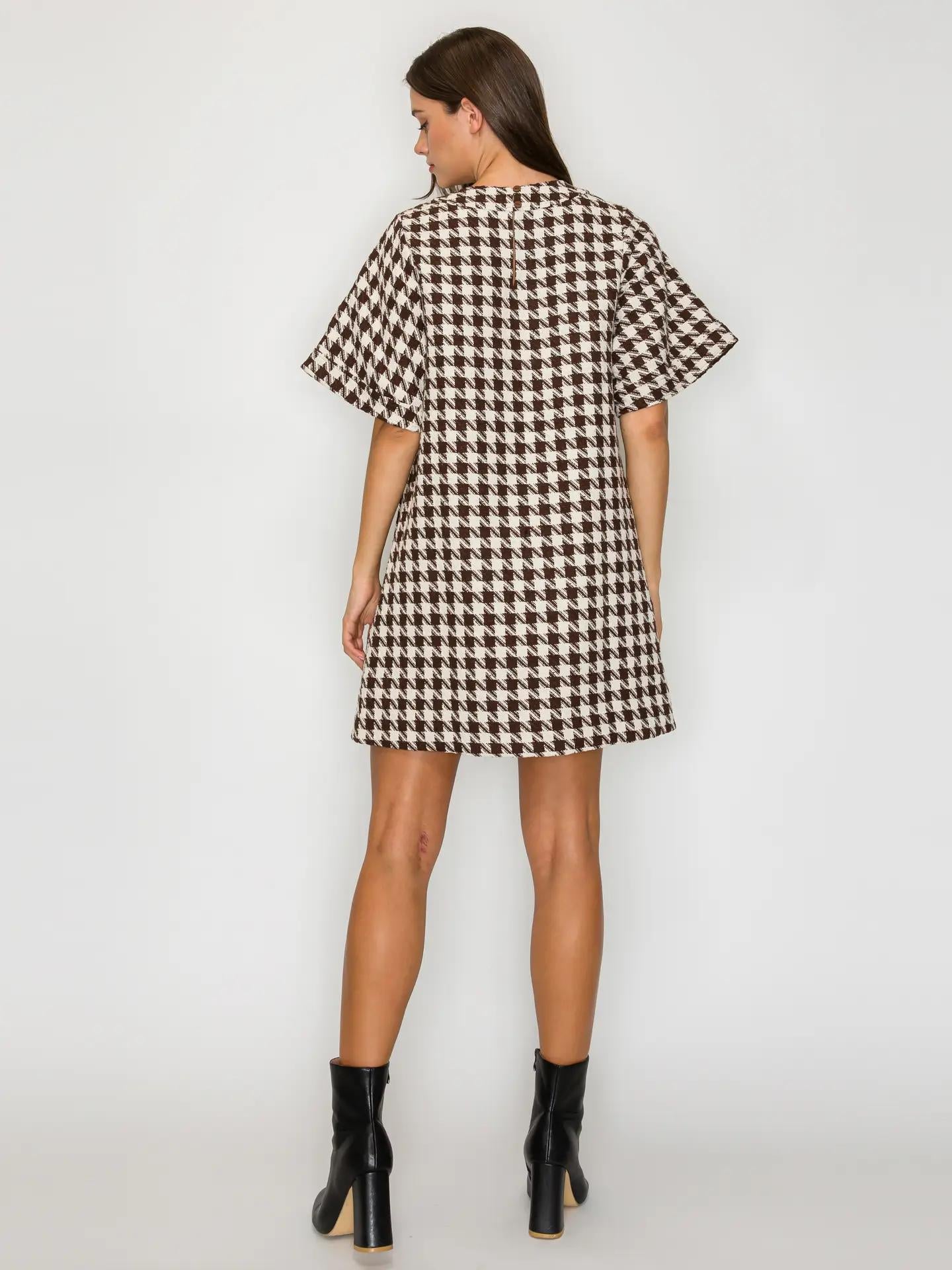 Mocha Latte Houndstooth JQD Mini Dress