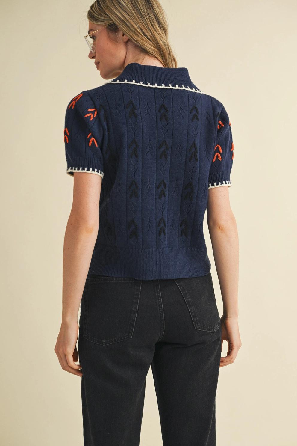 Hand Embroidered Short Sleeve Button Down Sweater