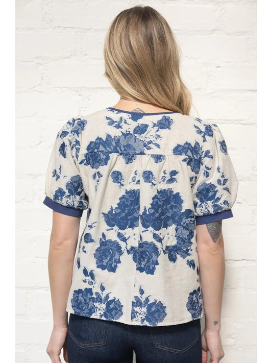 Button Down Contrast Detail Floral Jacqaurd Top