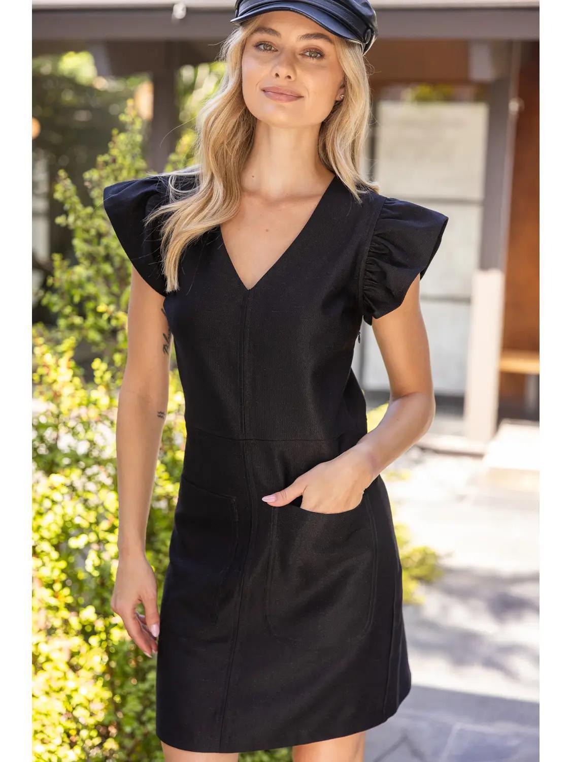 Ruffle Cap Sleeve Front Pocket Mini Dress