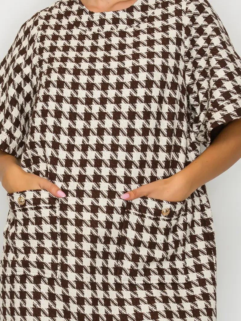 Mocha Latte Houndstooth JQD Mini Dress