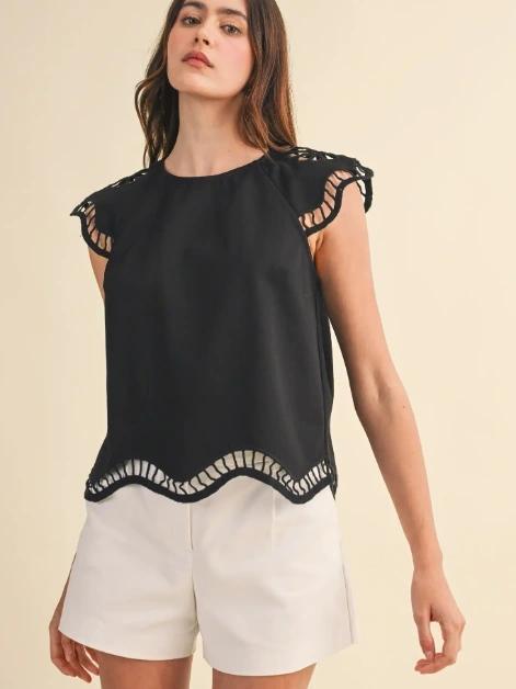 Embroidered Cut-Out Cap Sleeve Top