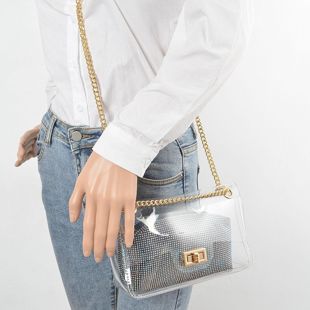 Transparent Chain Crossbody Bag w/Hotfix Pouch