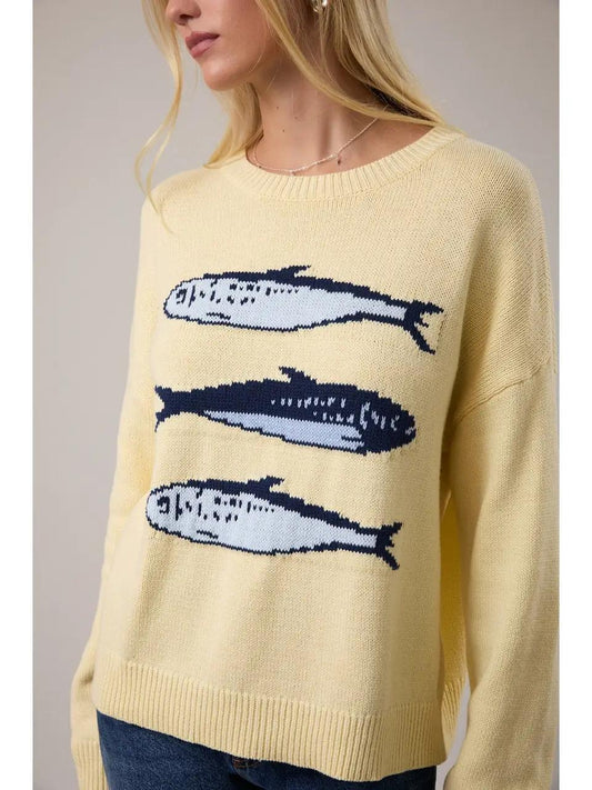 Round Neck 3 Sardines Sweater Top- LT Yellow