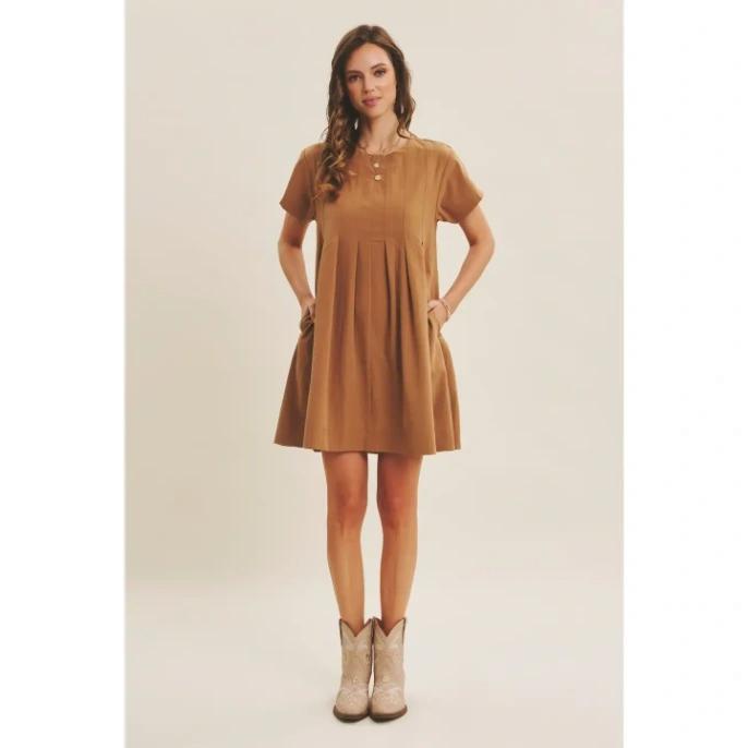 Easygoing Pleated Detail Mini Dress With Pockets