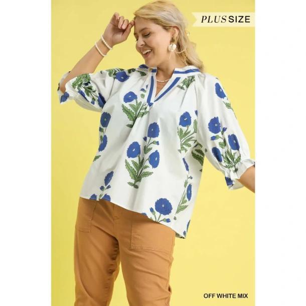 Plus Floral Poplin Puff Sleeve Blouse
