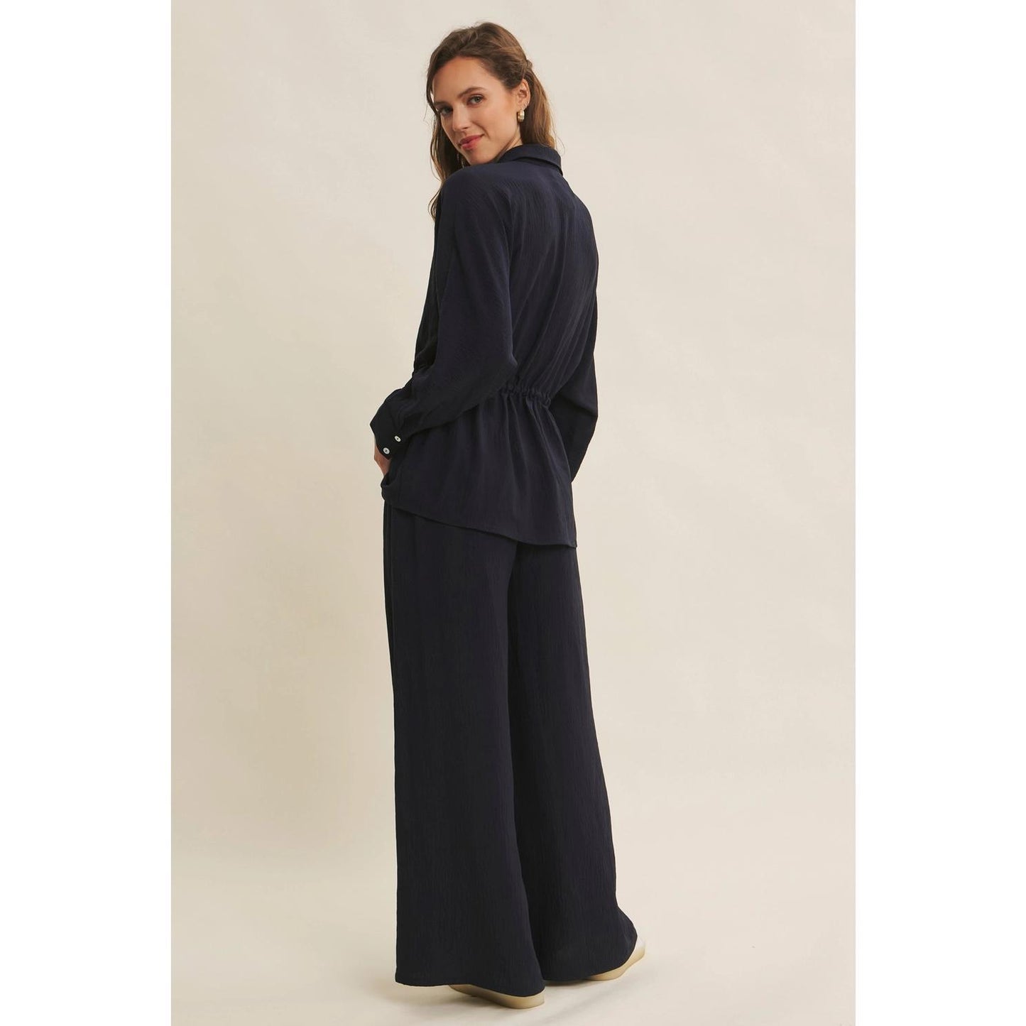 Dark Navy Button-Down Shirt with Waist Drawstrings