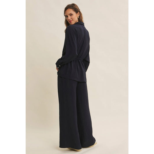 Dark Navy Button-Down Shirt with Waist Drawstrings
