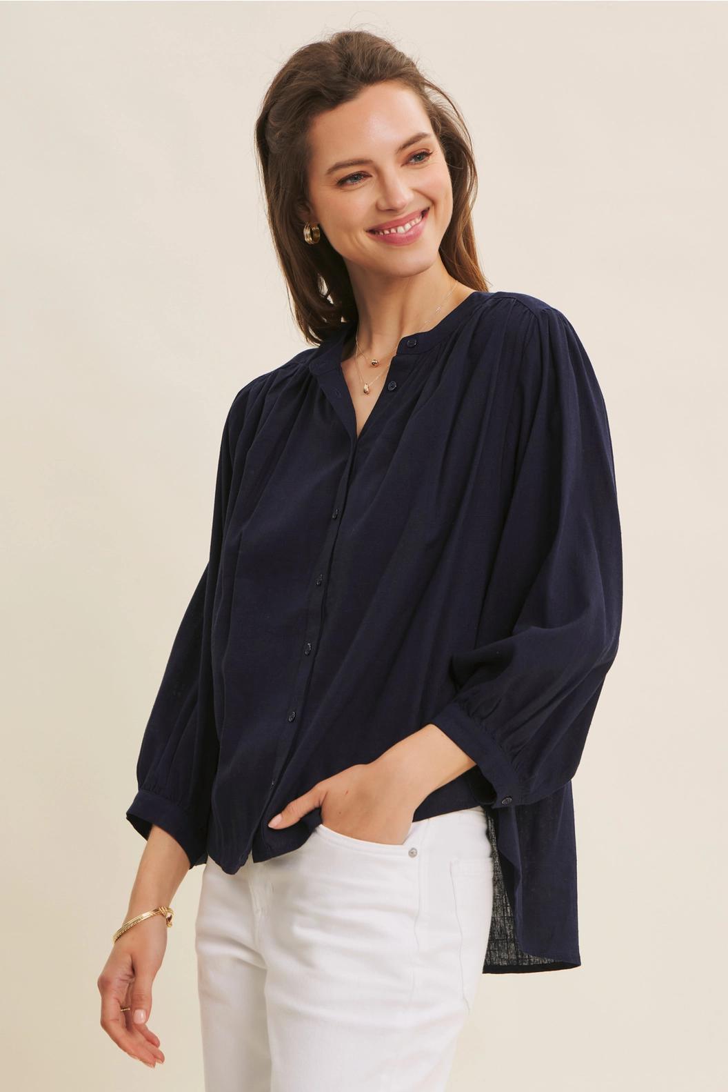Navy Linen Blend Oversized Button-Down Blouse