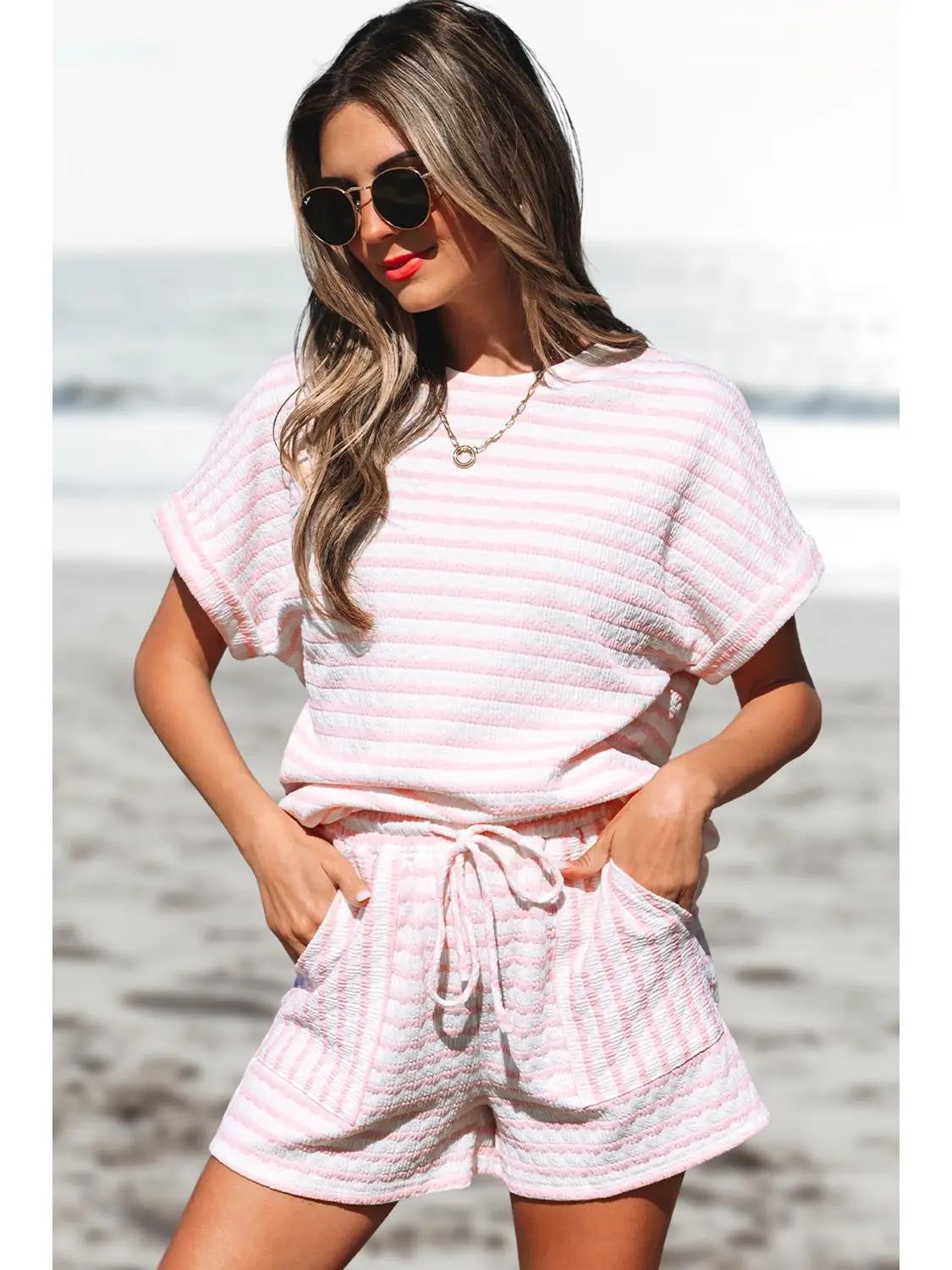 Stripe Knitted Top and Drawstring Shorts Set