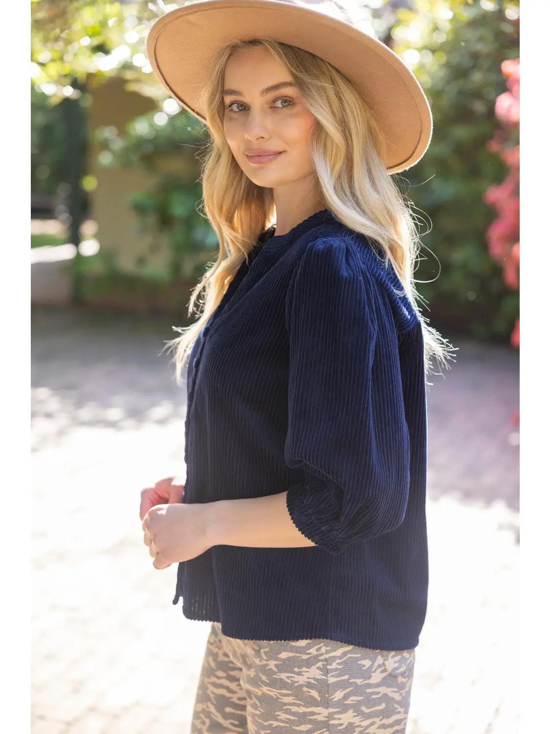 Half Sleeve Cover Button Down Corduroy Top