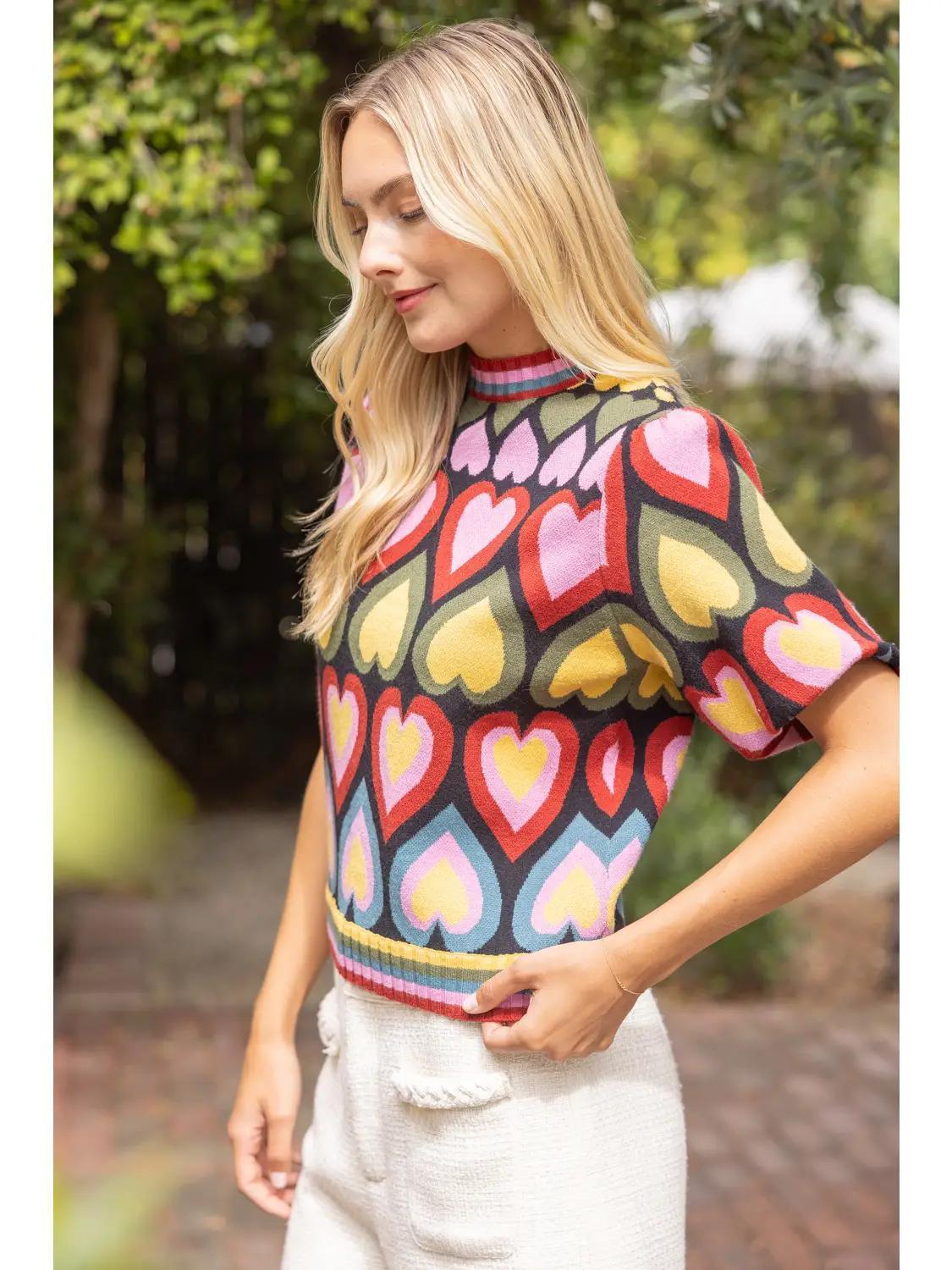 Short Bubble Sleeve Heart Print Knit Top