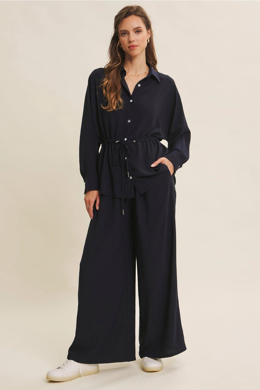 Dark Navy Button-Down Shirt with Waist Drawstrings