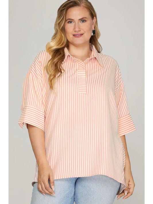 Pink Short Sleeve Oversized Striped Top