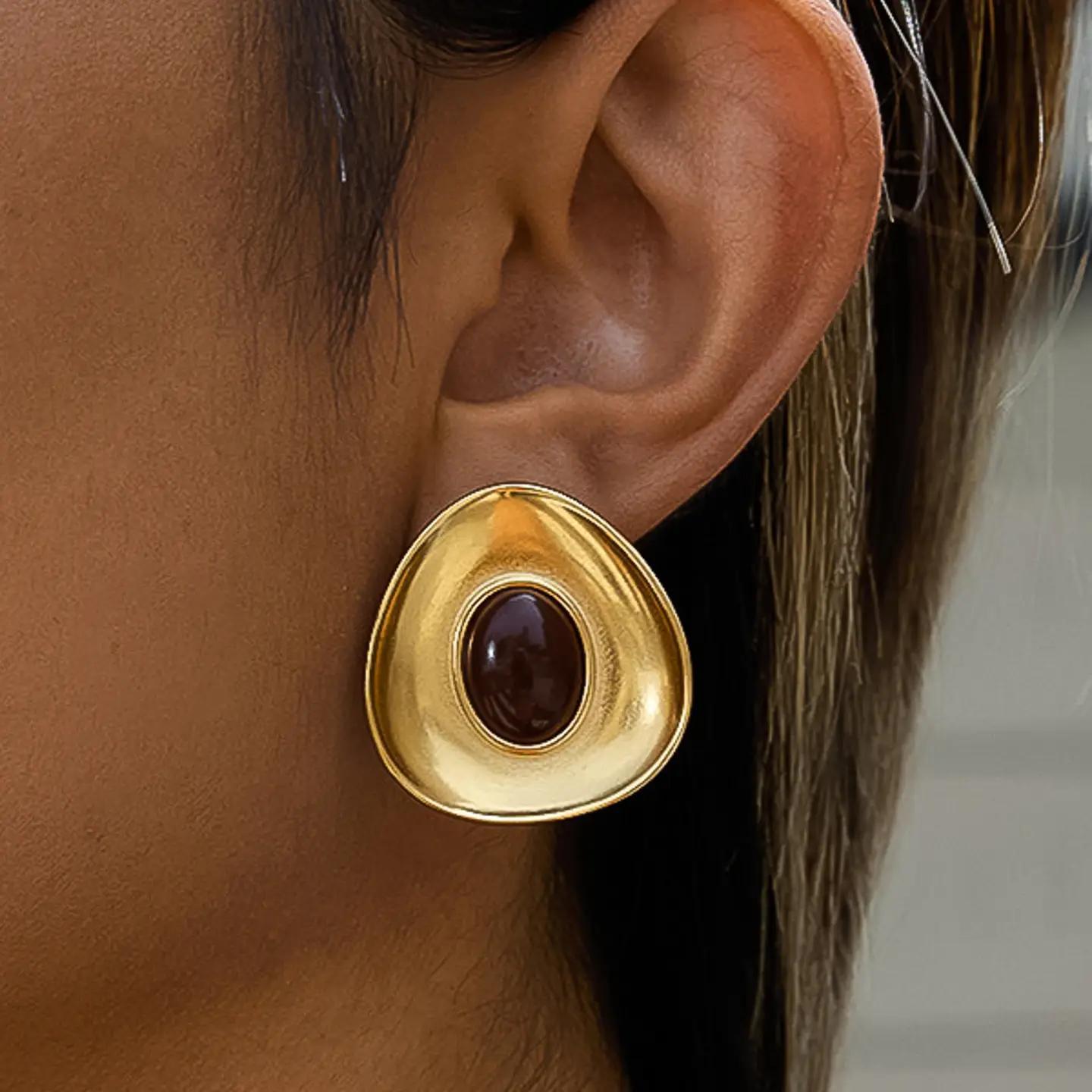 Vionnet 18K Gold Non-Tarnish Gemstone Oval Earrings