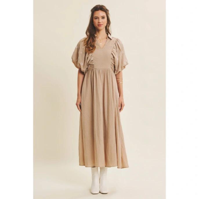 Embroidery Textured Midi Dress With Bubble Sleeves