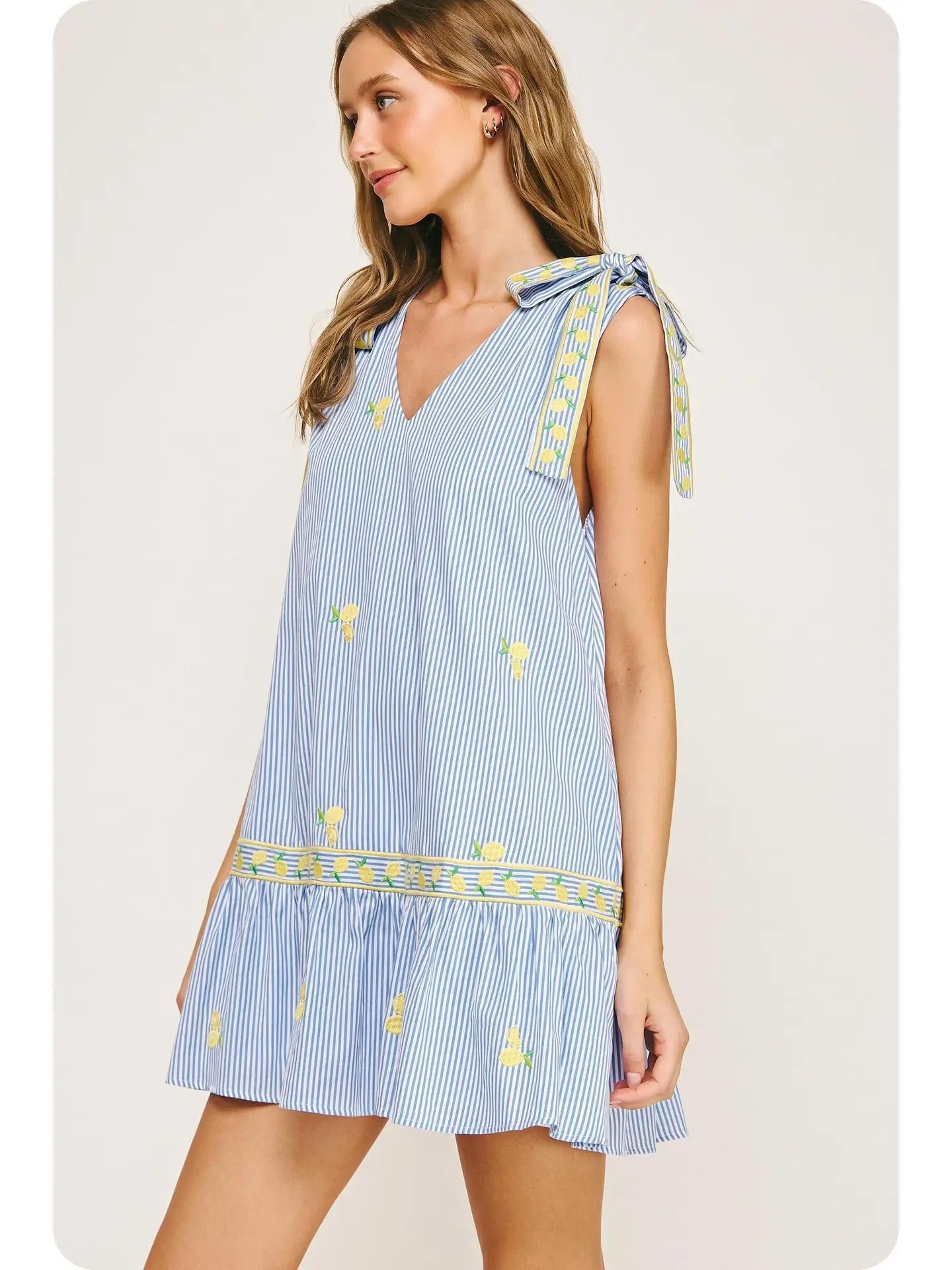 Lemon Embroidery Bow Strap Detail Stripe Mini Dress