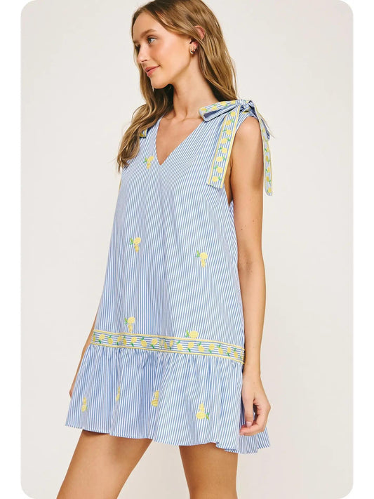 Lemon Embroidery Bow Strap Detail Stripe Mini Dress