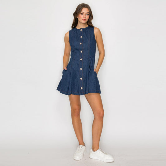 Denim Fit & Flare Mini Dress with Pearl Jewel Button