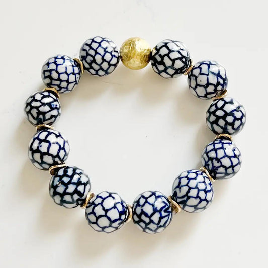 Blue Ceramic Chinoiserie Round Bead Bracelet w/ Brass Ball