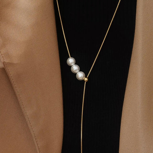 Montana 18K Gold Non-Tarnish Pearl Y Drop Sweater Necklace