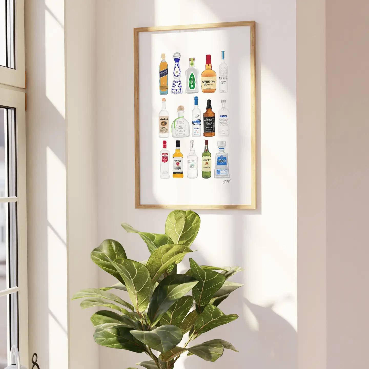 Boozy Bottles Illustration - Art Print, Bar Cart Decor