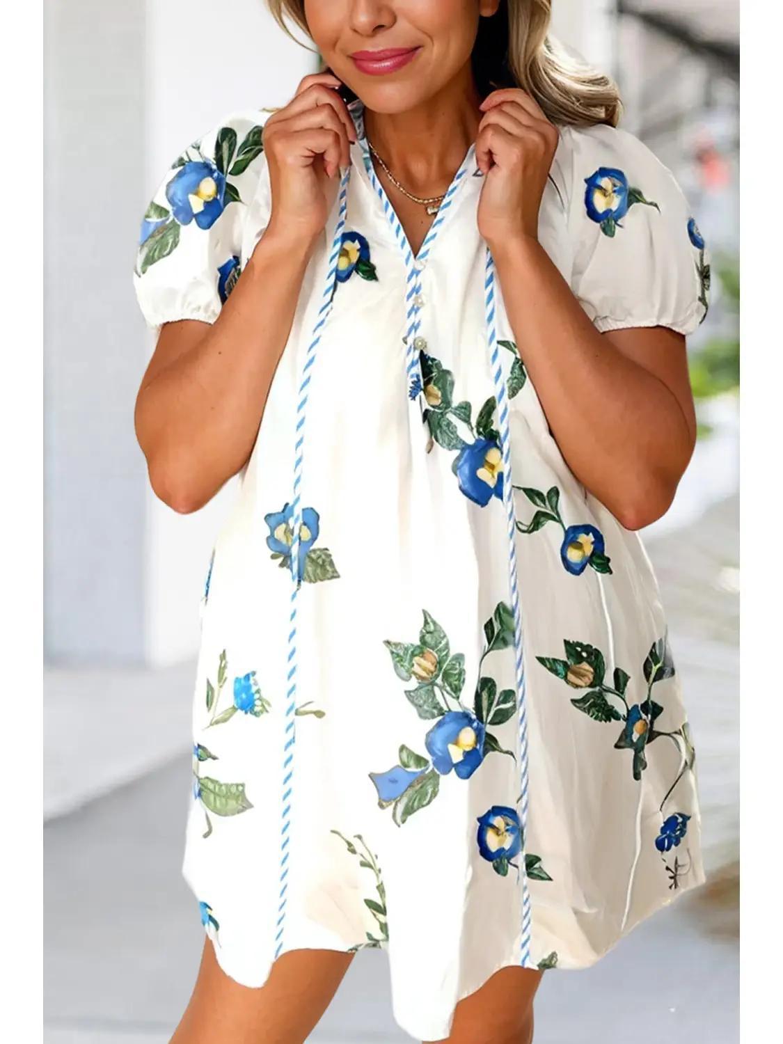 Floral Puff Sleeve Tie V Neck Dress