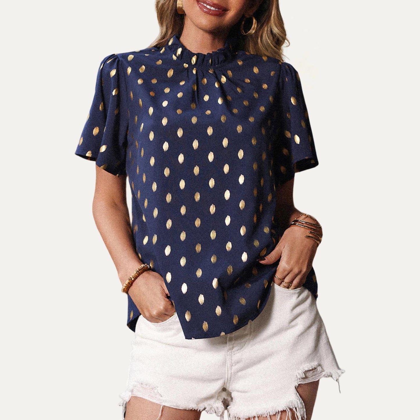 Vintage Polka Dot Mock Neck Short Sleeve Top