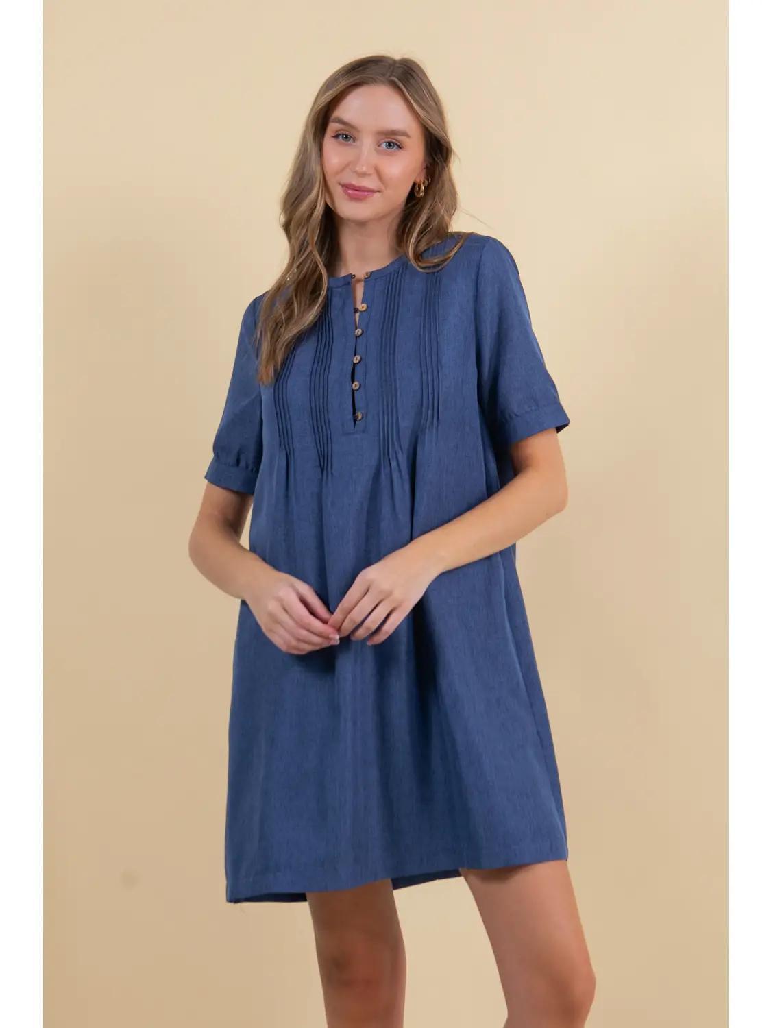 Half Button Down Pintuck Detailed Mini Dress