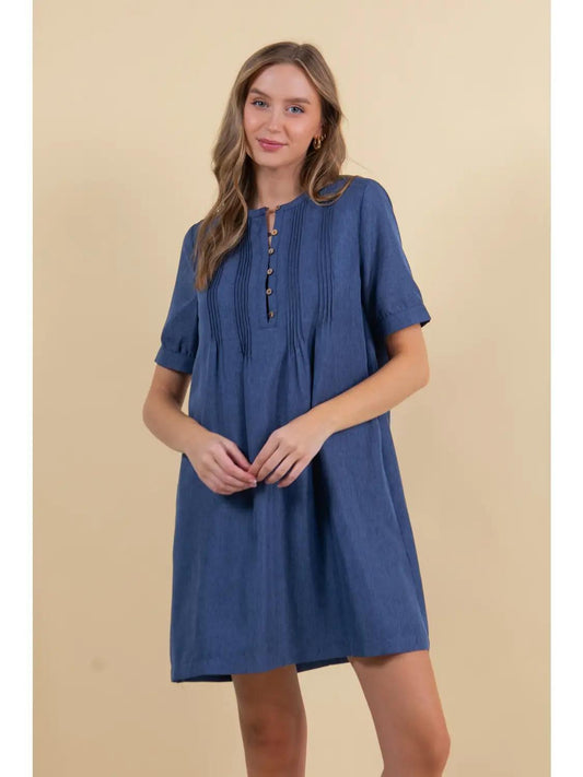 Half Button Down Pintuck Detailed Mini Dress