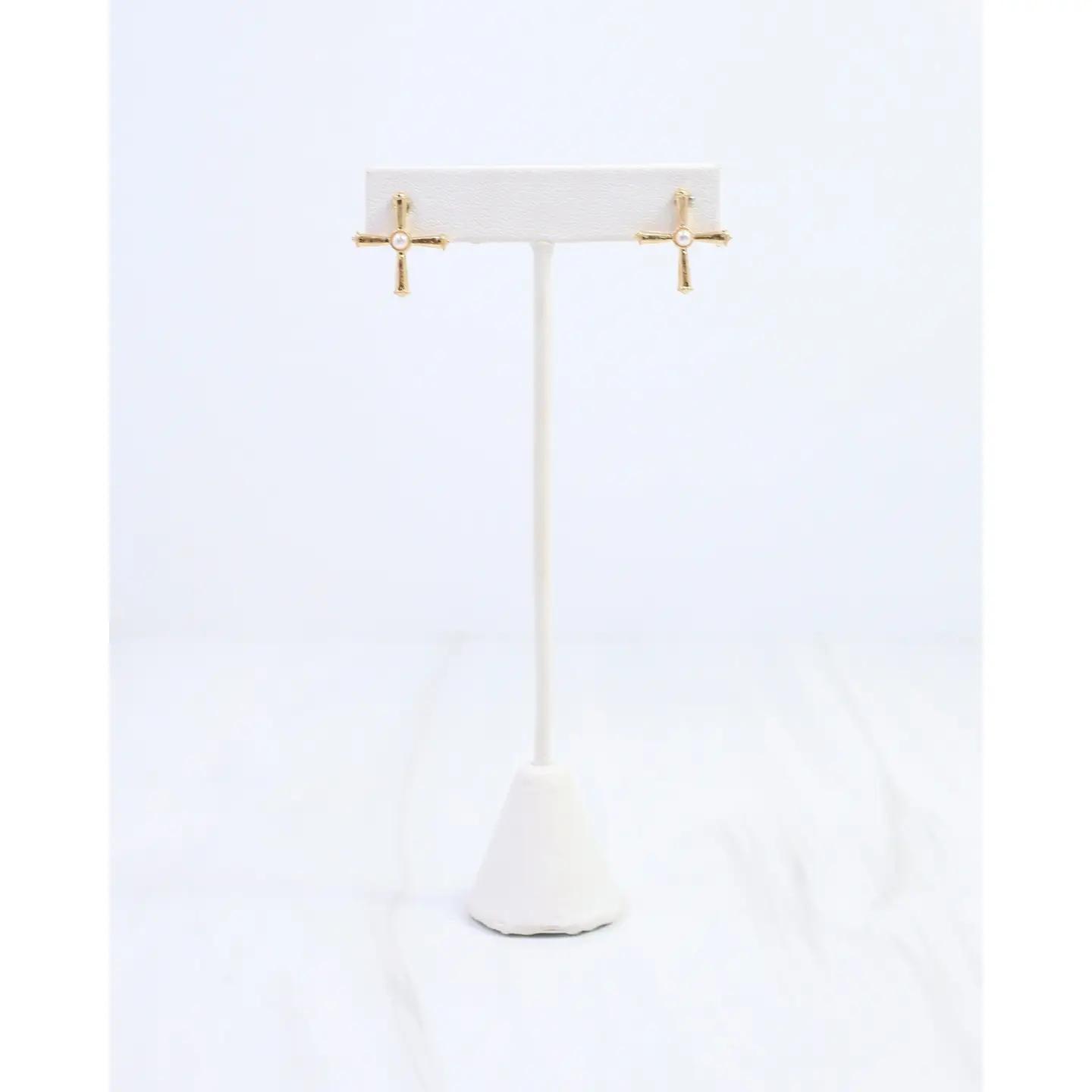 Janet Pearl Cross Stud Earring Worn Gold