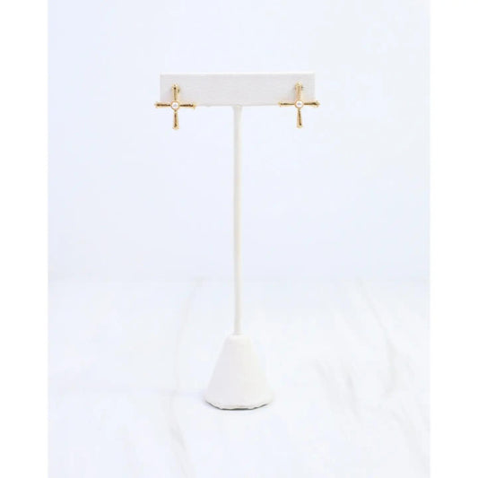 Janet Pearl Cross Stud Earring Worn Gold
