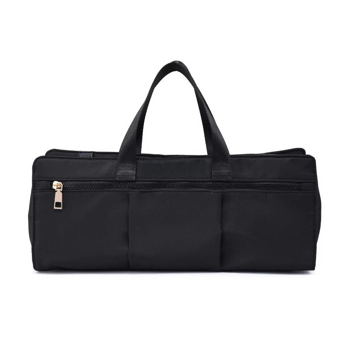 Black pouch bag against white background. 