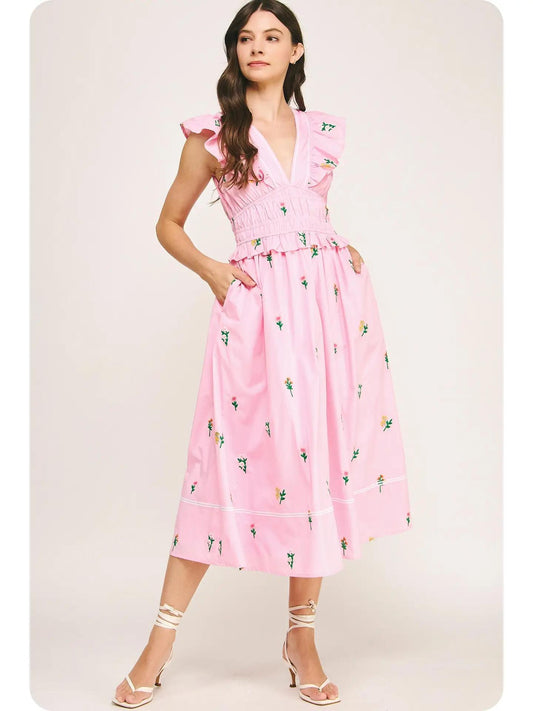 Flower Bouquet Embroidery Midi Dress