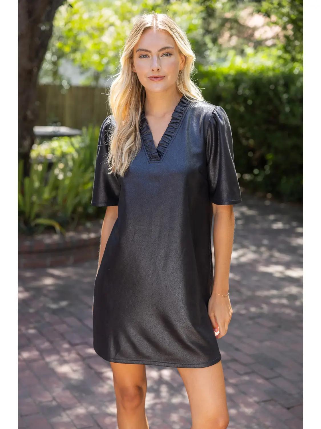 Ruffled V-Neck Solid Faux Leather Shift Dress