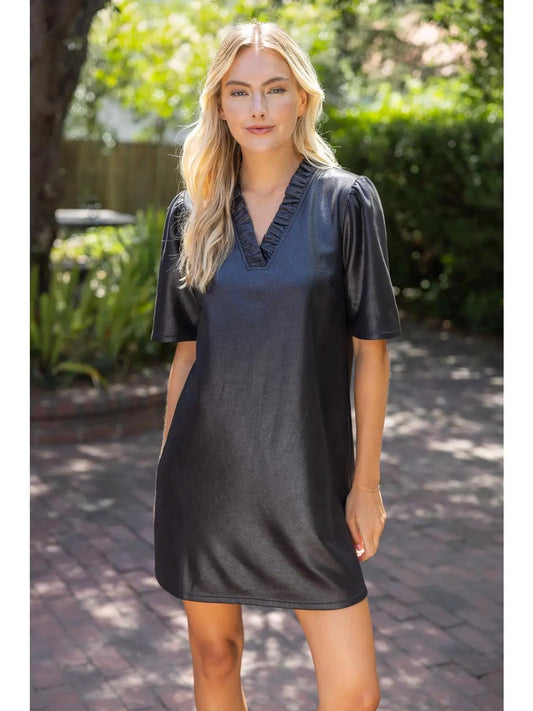 Ruffled V-Neck Solid Faux Leather Shift Dress