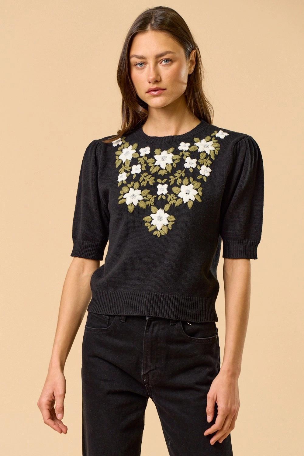Floral Embroidered Short-Sleeve Sweater Top