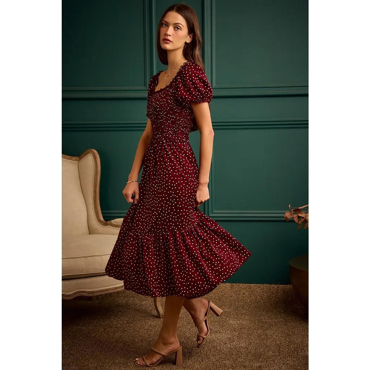 Satin Polka Dot Short Puff Sleeves Midi Dress
