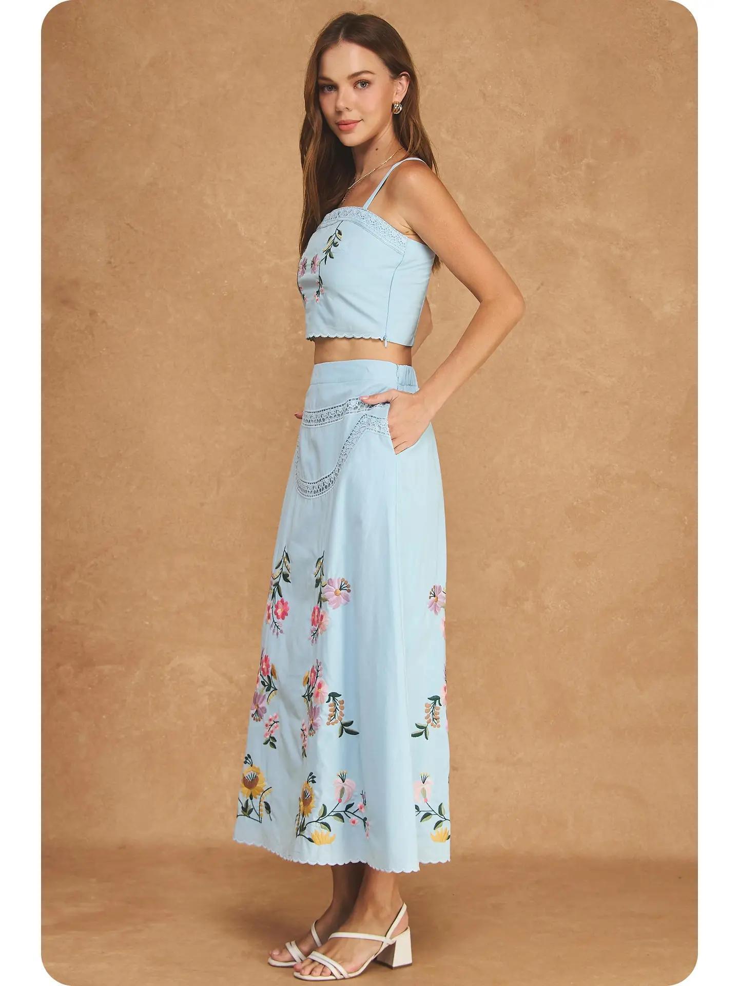 Embroidered Floral Lace Detail Top Skirt Set