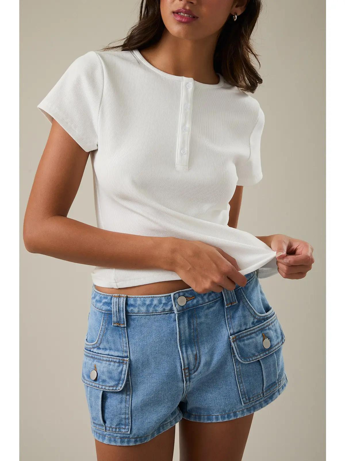 Short Sleeve Henley Knit Top- WHITE