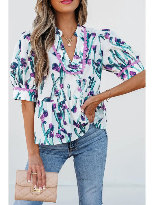 Floral Ricrac Trim Half Sleeve Peplum Top