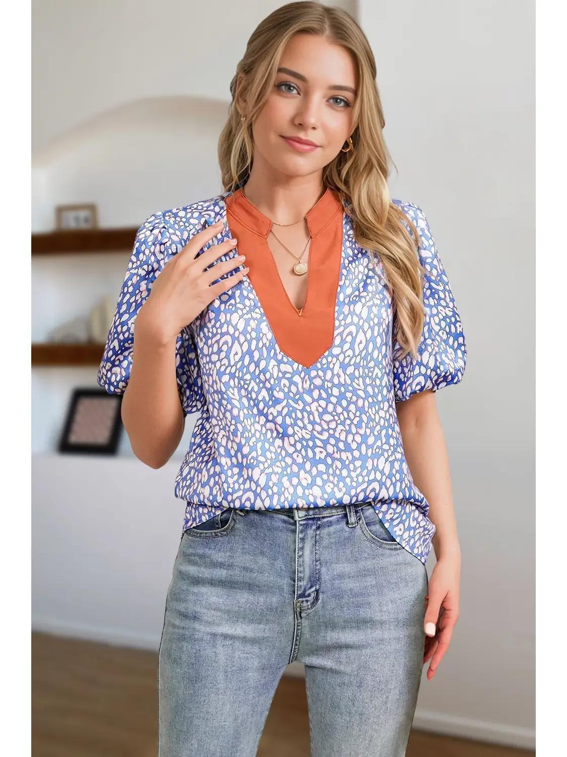 Leopard Print V Neck Half Puff Sleeve Shirt
