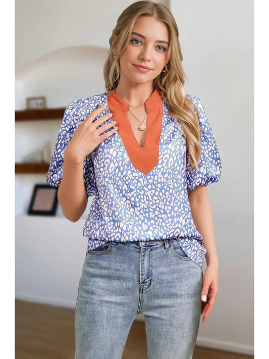 Leopard Print V Neck Half Puff Sleeve Shirt