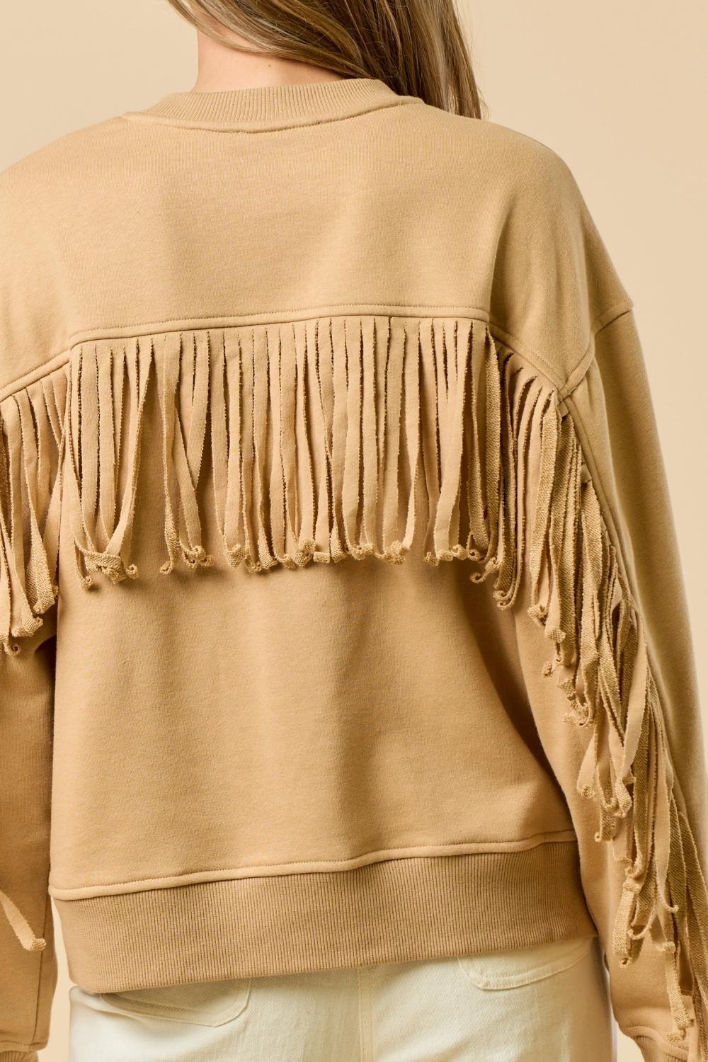 Crew Neck Long-Sleeve French Terry Top with Fringe