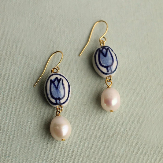 Delft Tulip Earrings with Freshwater Pearl