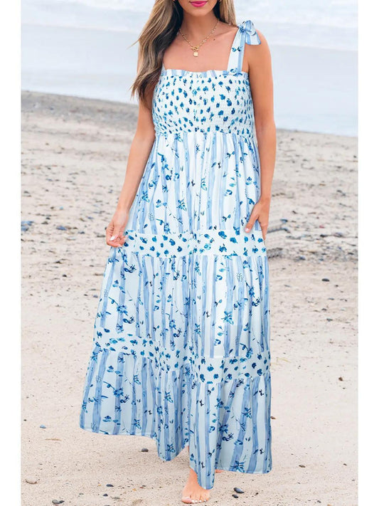 Floral Smocked A-Lined Tied Straps Maxi Dress